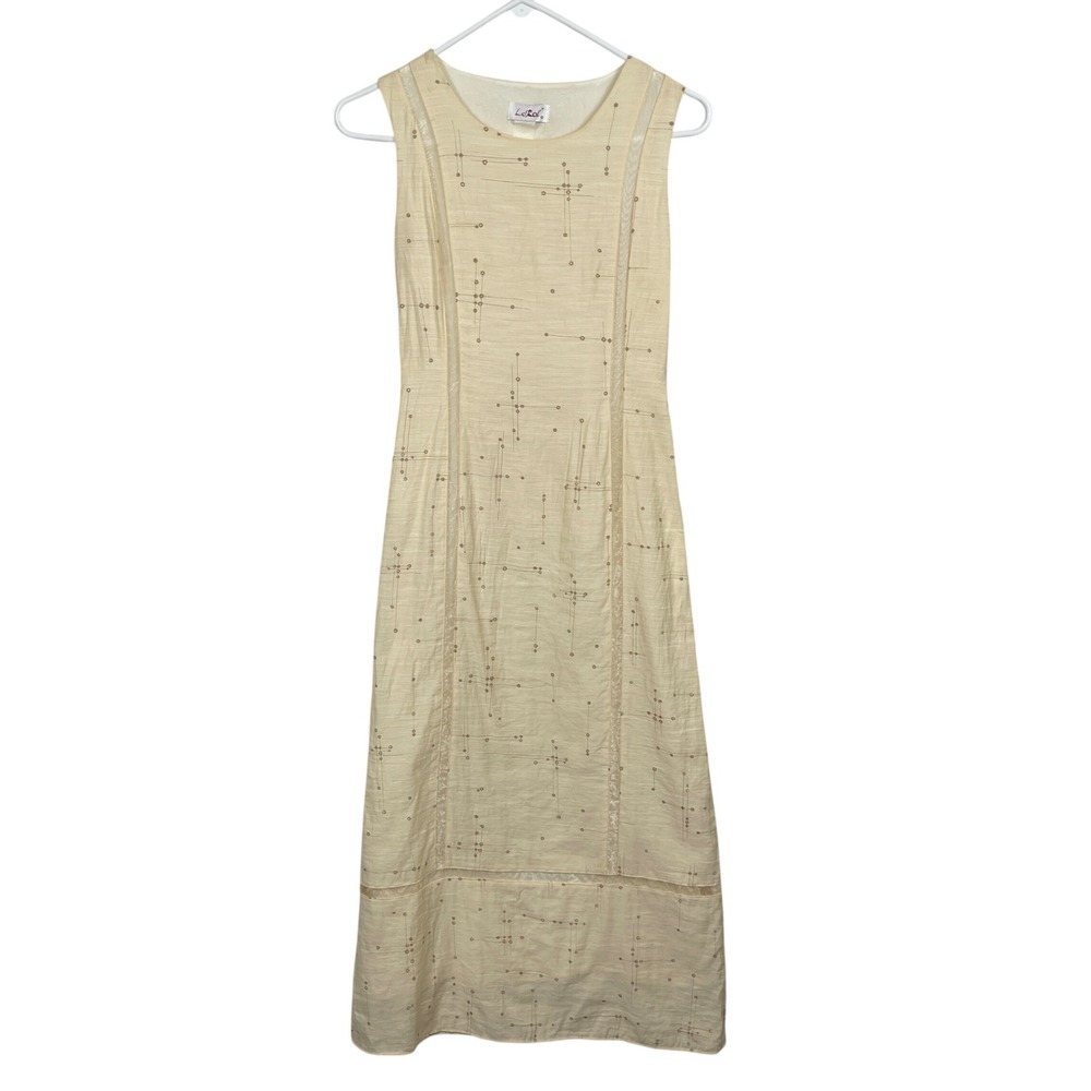 LeRoi Sleeveless Midi‎ Dress Womens Medium Yellow Geometric Floral Sheer Panels